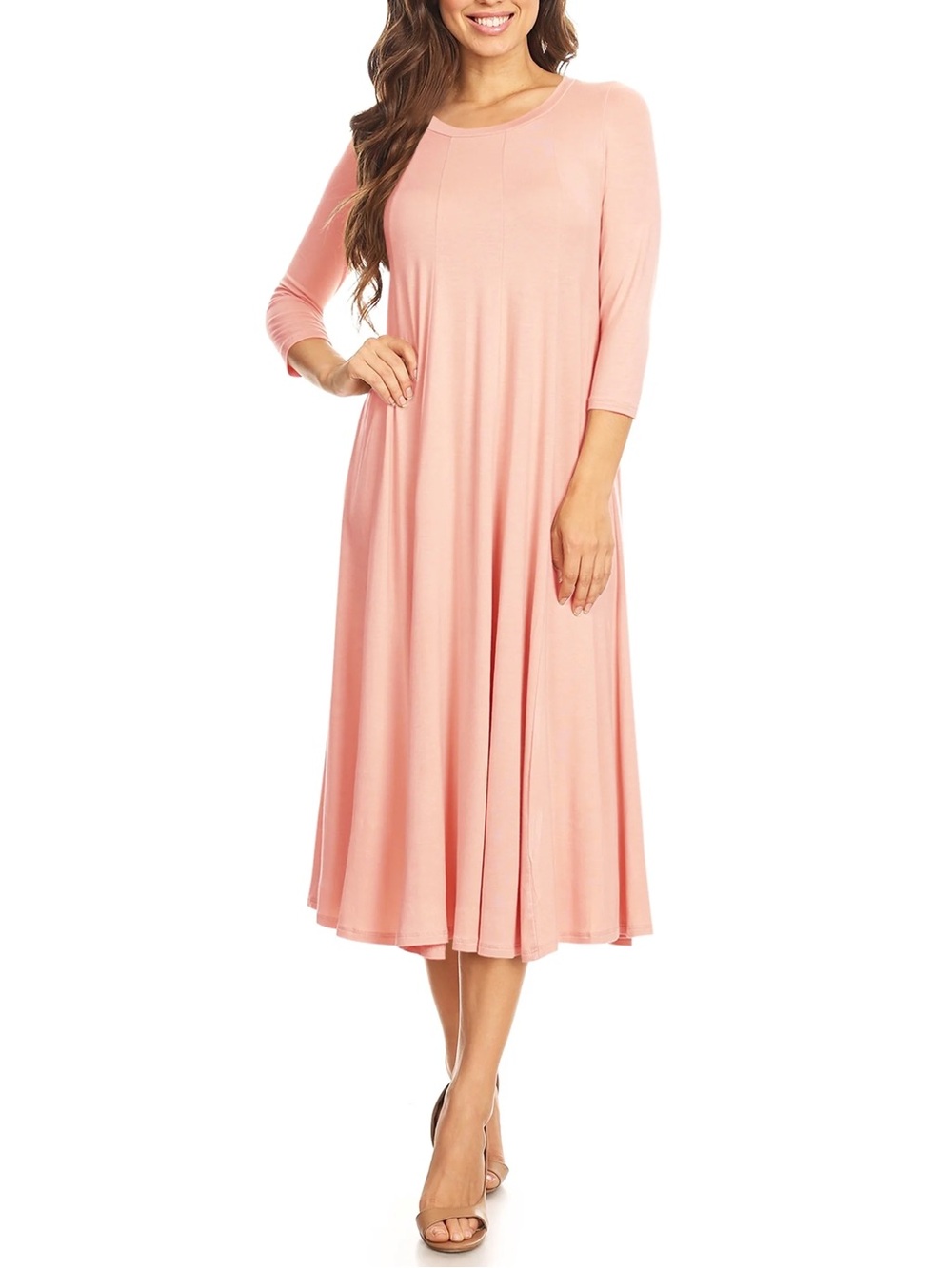 Reborn J Coral Pink Midi Dress with Crewneck